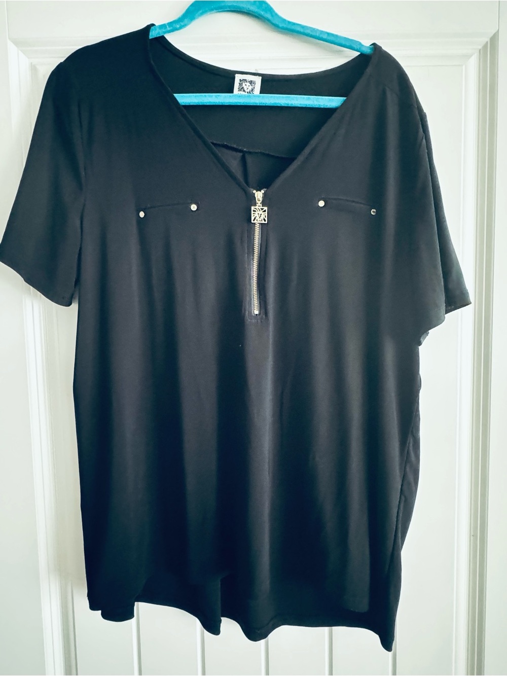 Women’s Black Short-Sleeve V-Neck Top with Zip Detail